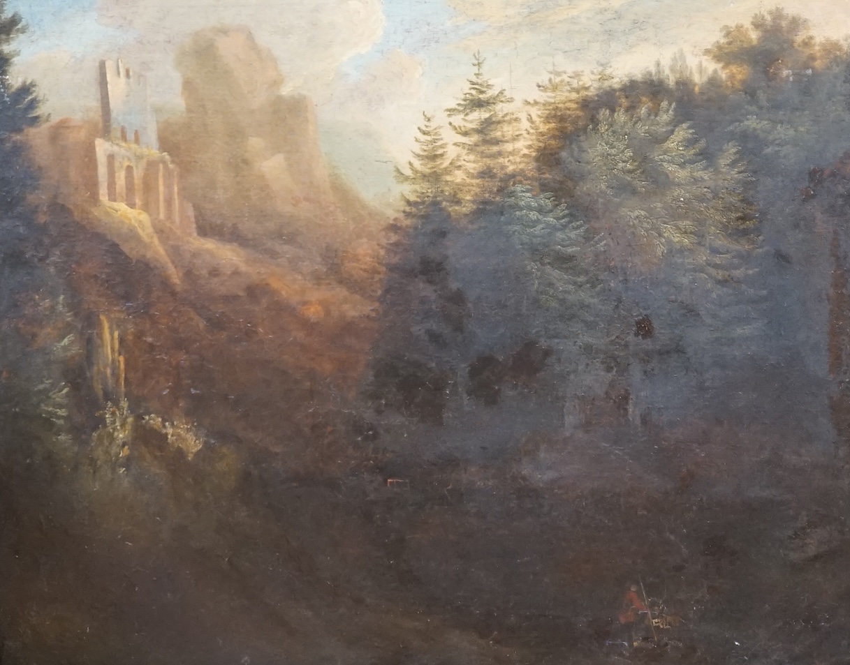 19th century English School, oil on canvas, Figures before a hilltop castle, 58 x 71cm. Condition - poor to fair